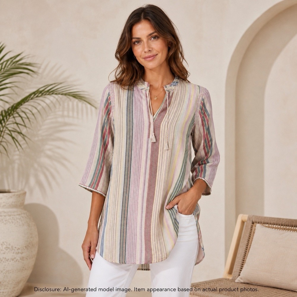 M.A.B.E. Elba Kaftan Women's M Pastel Stripe Cotton 3/4 Sleeve Boho Tunic NWT